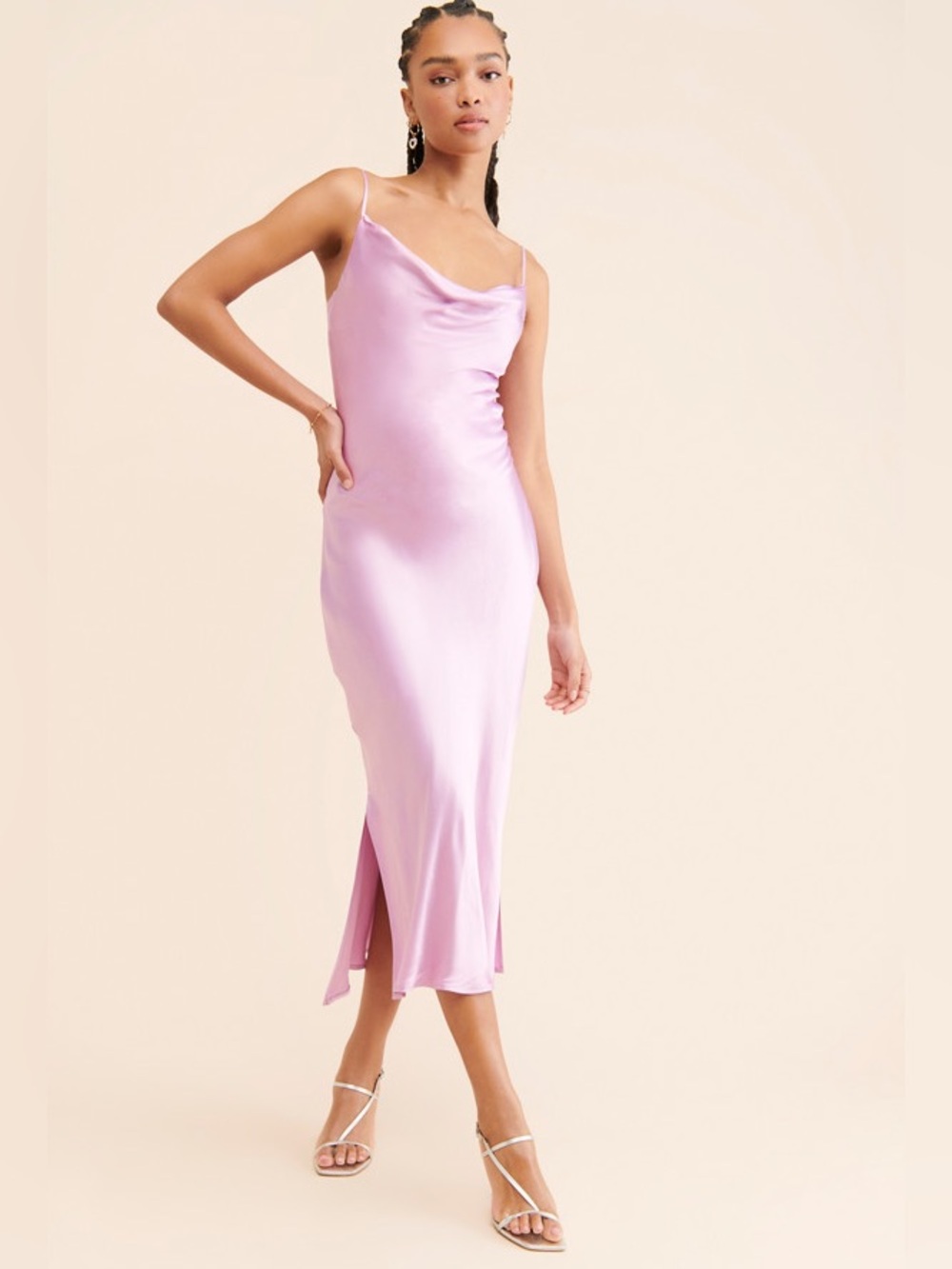 Satin Cowl Neck Midi Slip Dress in Lilac